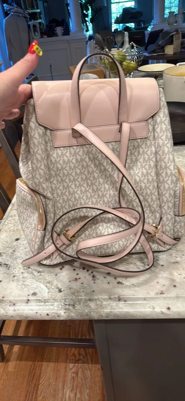 Michael Kors Jet Set Large Signature PVC Chain Backpack Blush & Cream NWOT MSR $
